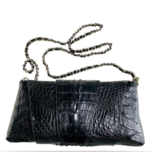 Midnight Black Genuine Exotic Croc Wrap Clutch Shoulder Bag Purse - Picture 6 of 7